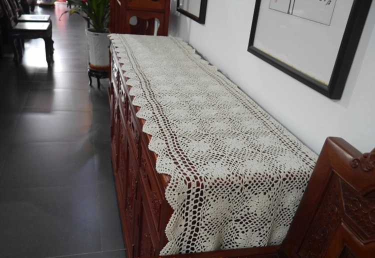 

Crocheted Table Runner / Handmade hook flowers cotton hollow lace / Many Uses Curtains Pads mat / Vintage Classic Europe style