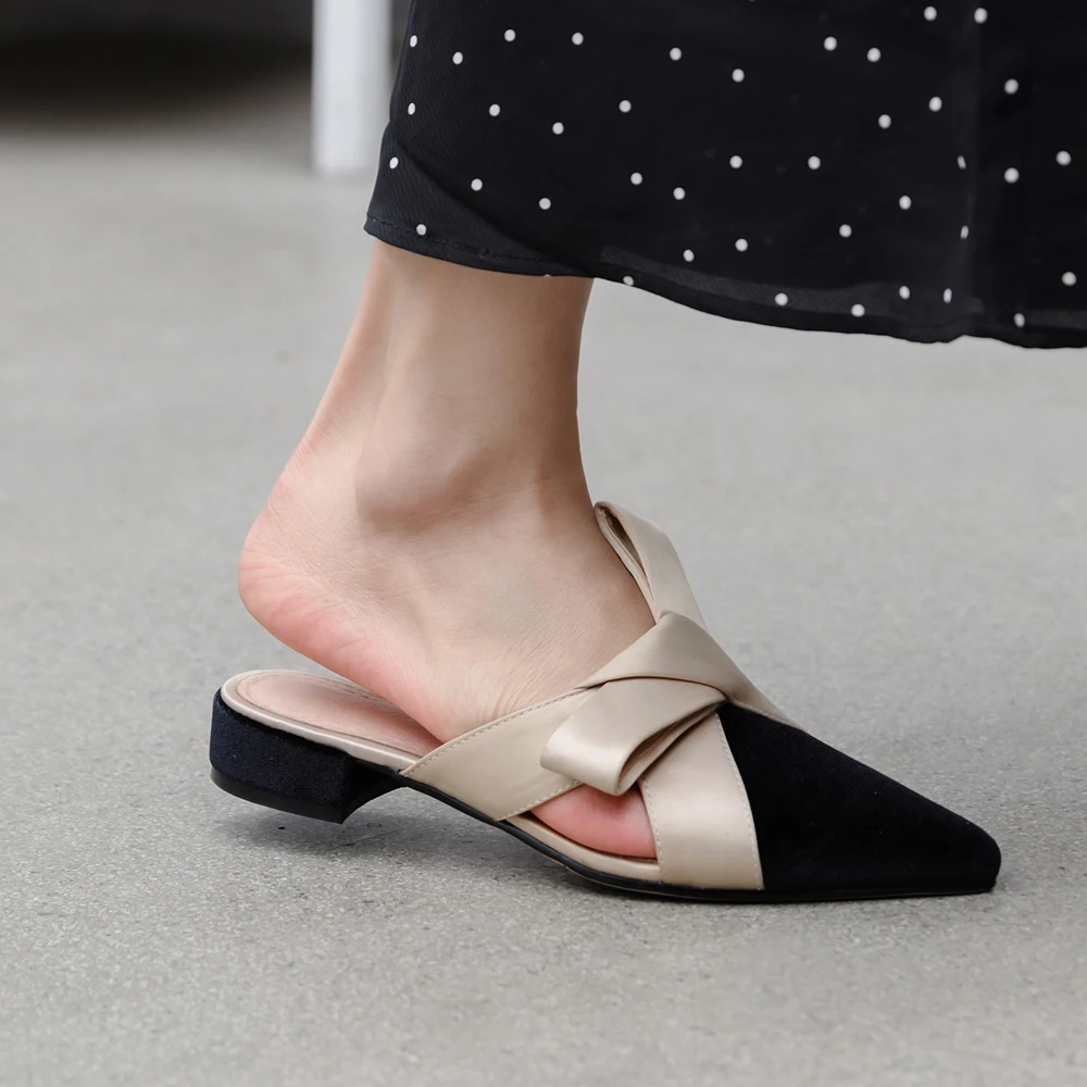 

2019 Spring Summer Women's Shoes Corduroy Pointed Toe Bow Knot Slippers Fashion Low Heels Shoe Elegant Woman Slipper