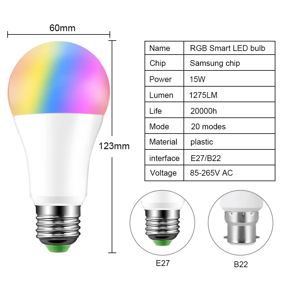 E27 15 Вт светодиодный RGB Лампочка B22 Bluetooth умный светодиодный лампочка приложение управление музыкой голосовые цвета умный светильник ing Lampe светодиодный светильник RGBW RGBWW лампа