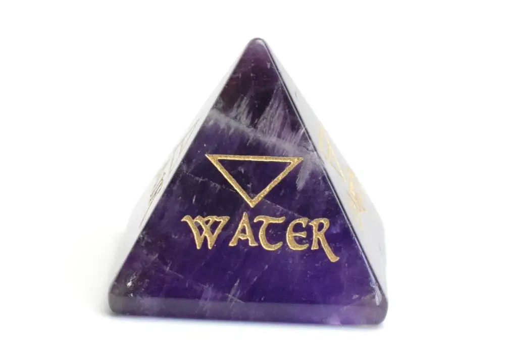 

Natural Chakra Amethyst Carved Crystal Healing Pyramid Engraved Reiki 4 Elemental of Earth Water Air Fire with a Free Pouch