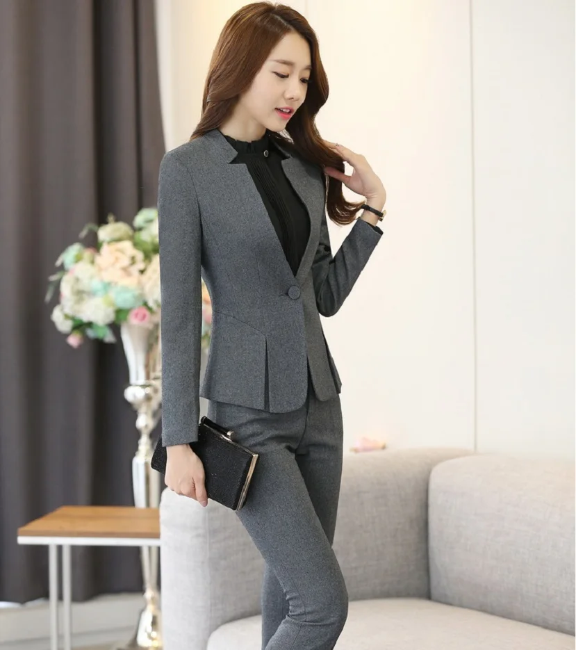 Novelty Gray Autumn Winter Formal Uniform Design Pantsuits With Jackets ...