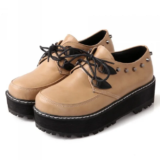 Personality Rivet Platform Flats Women Shoes Lacing Round Toe Thick ... Personality Rivet Platform Flats Women Shoes Lacing Round Toe Thick Heel Heighten Ladies Apricot/Black
