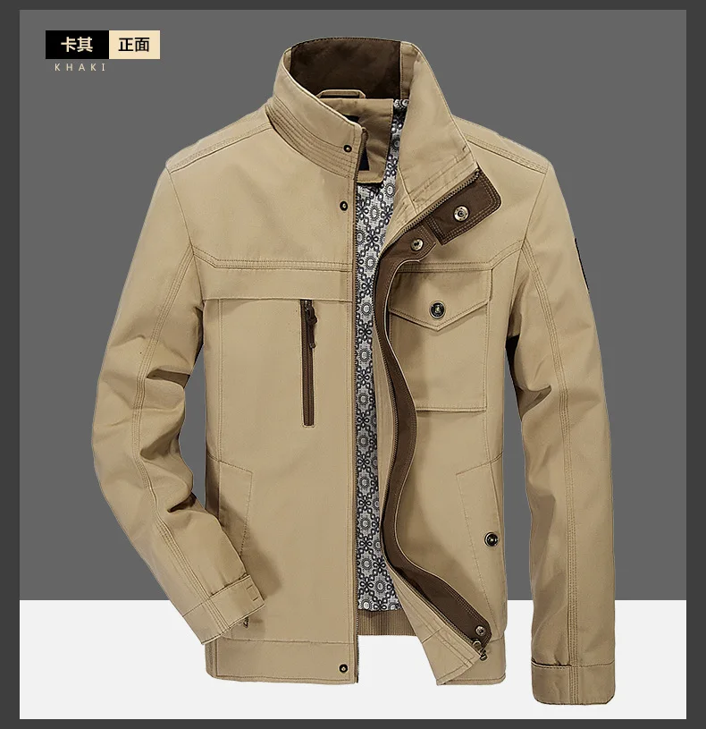 ZHAN DI JI, мужская куртка из искусственной кожи, верхняя одежда на молнии, мужское повседневное пальто, осенняя одежда, однотонная верхняя одежда, армейские хлопковые куртки, плюс размер 4XL 140 - Цвет: KHAKI