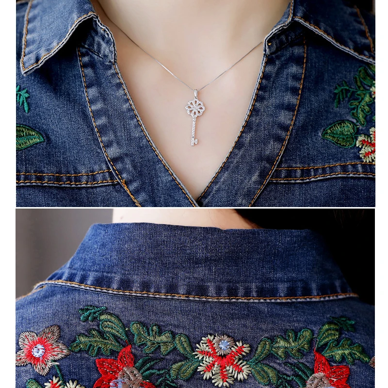 Slim Flower Embroidered Denim Dresses Long Sleeve Button Down Denim Dress Women Casual A Line Knee Length Jeans Dress Plus Size