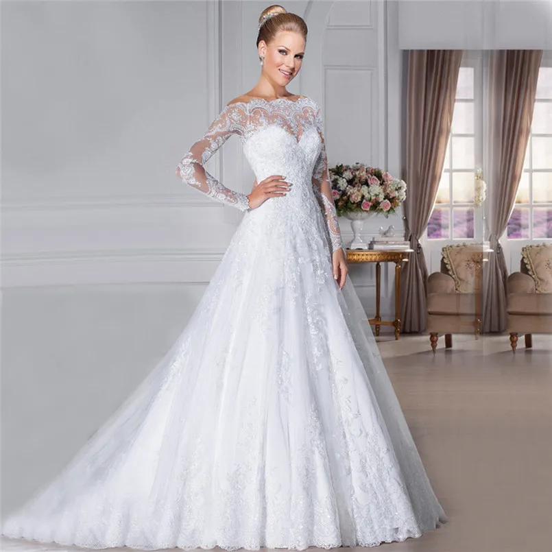 

2019 Simple & Elegant Long Sleeves Lace Wedding Dress Boat Neck Sexy Sheer Lace A Line Bridal Gowns Sequined Vestido De Noiva