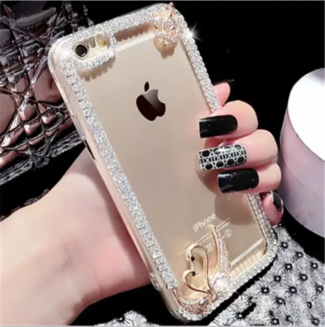 For iPhone 5C 5S 6 6S 7 8 Plus X Cute Fox Bling Rhinestones Diamond Chain Glitter Phone Case Soft Rubber Transparent Back Cover