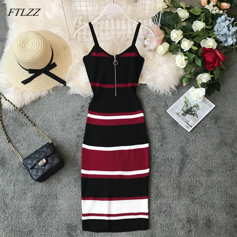 

FTLZZ Spring Summer Dress Women Striped Patchwork Zippers Vintage Dress Elegant Sexy Evening Party Dresses Casual Vestidos