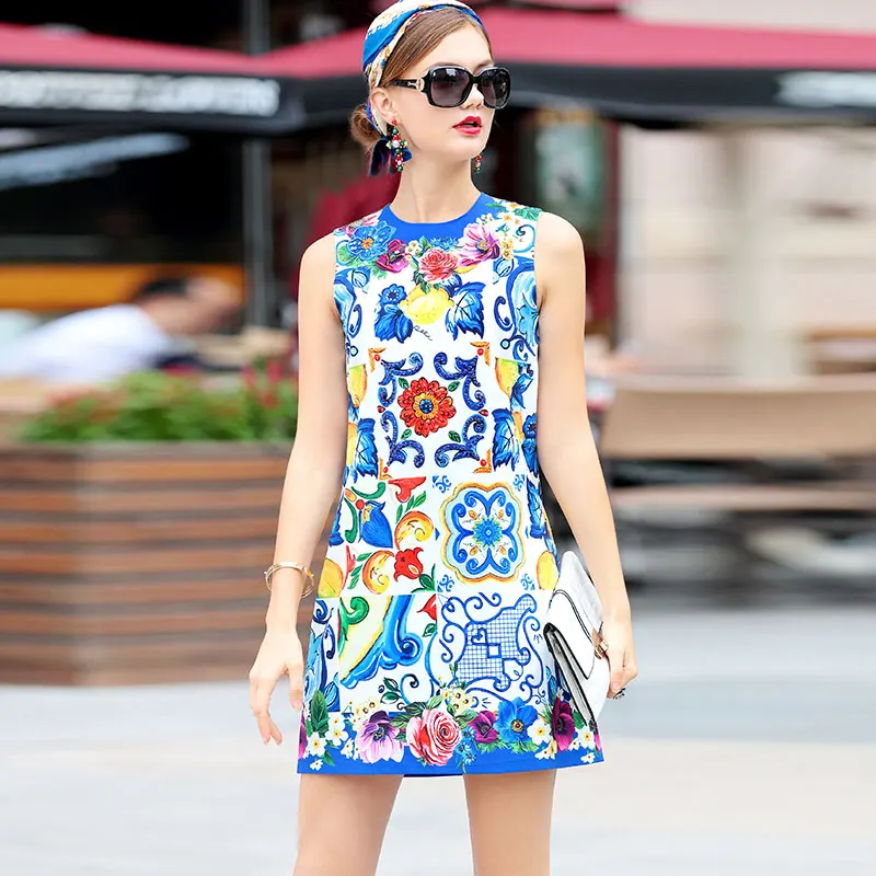 

High Quality New Runway Summer Dress Women's Sleeveless Vintage Luxury Sequin Crystal Beading Floral Print Mini Short Dress