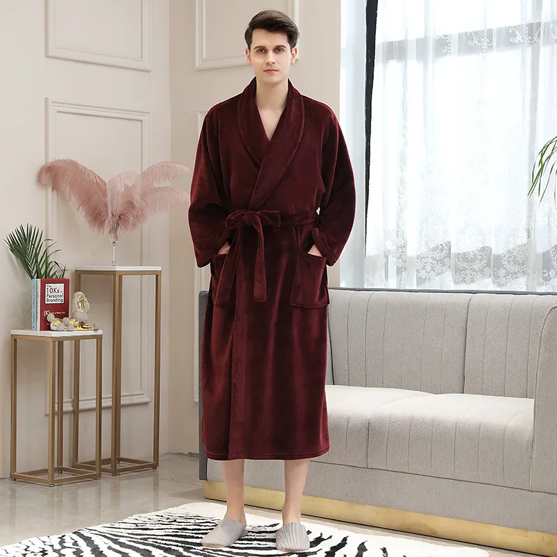 winter oversize Men Flannel Robes coral fleece loose thicken warm Male Bathing Suits plus size pure color autumn Terry Bathrobes
