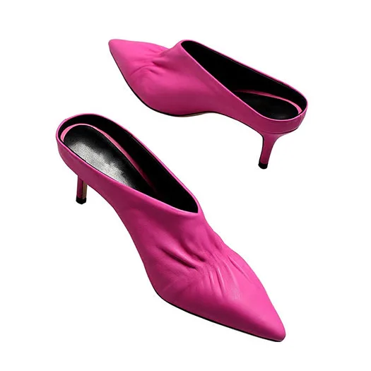 Черные туфли без задника на высоком каблуке с закрытым носком; женские туфли-лодочки персикового цвета из натуральной кожи на тонком каблуке с острым носком; Желтые итальянские босоножки-лодочки - Цвет: Розово-красный