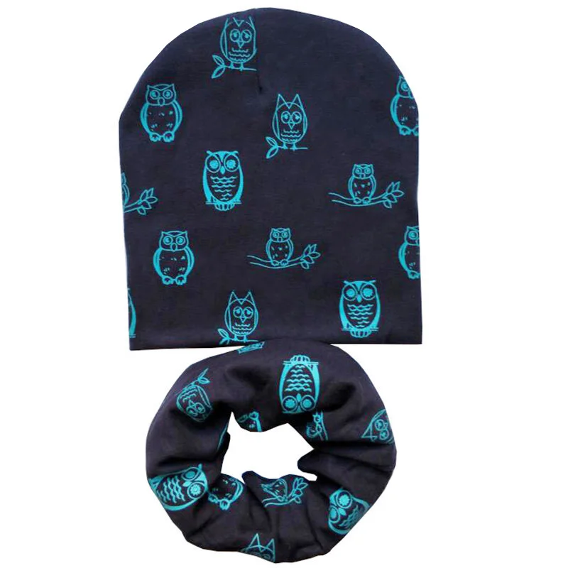 Navy Owl Set Новая осенне-зимняя детская шапка, комплект для мальчиков и девочек, шарф на шею, весенний теплый шейный платок, детские вязаные шапки, комплекты, хлопковая детская шапка, шарф - Цвет: Navy Owl Set
