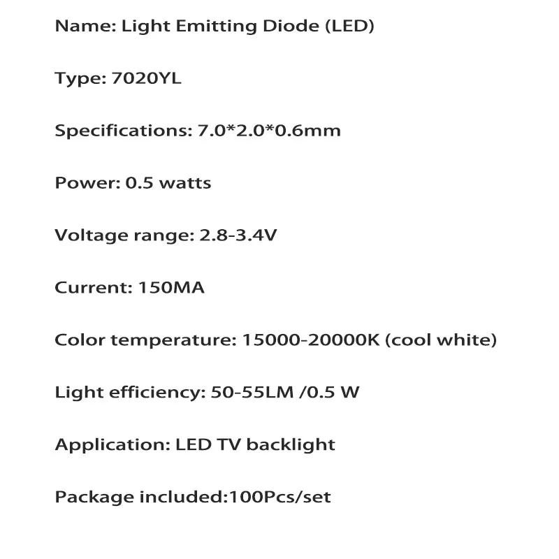 100 шт./лот, новинка, smd led 7020yl, 3 в, 150 мА, 0,5 Вт, лампа, бусины, холодный белый цвет, для ремонта, led lcd tv, подсветка, бар и полоса