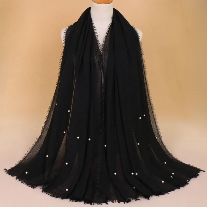 Модный хлопковый опрессованный хиджаб рами, женский зимний головной шарф высокого качества, шерсть, шелк, пряжа, жемчуг, головной платок