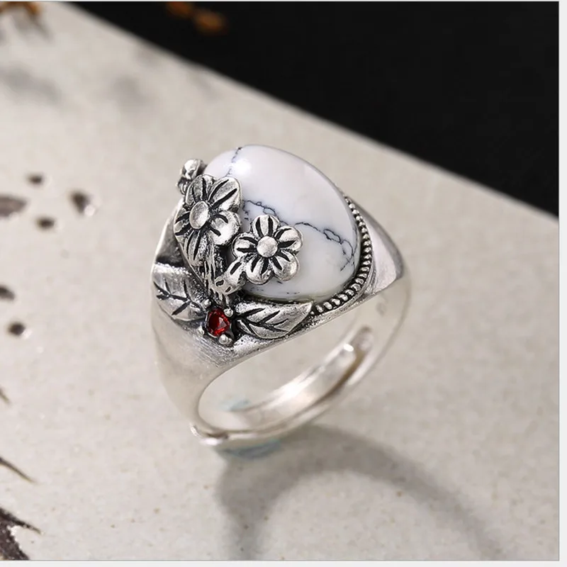 Женское роскошное платье из настоящего серебра 990 пробы с натуральным Бирюзой, открытые кольца, Ретро стиль, ручная работа, цветок сливы, кольцо в виде листьев, Богемия, бижутерия