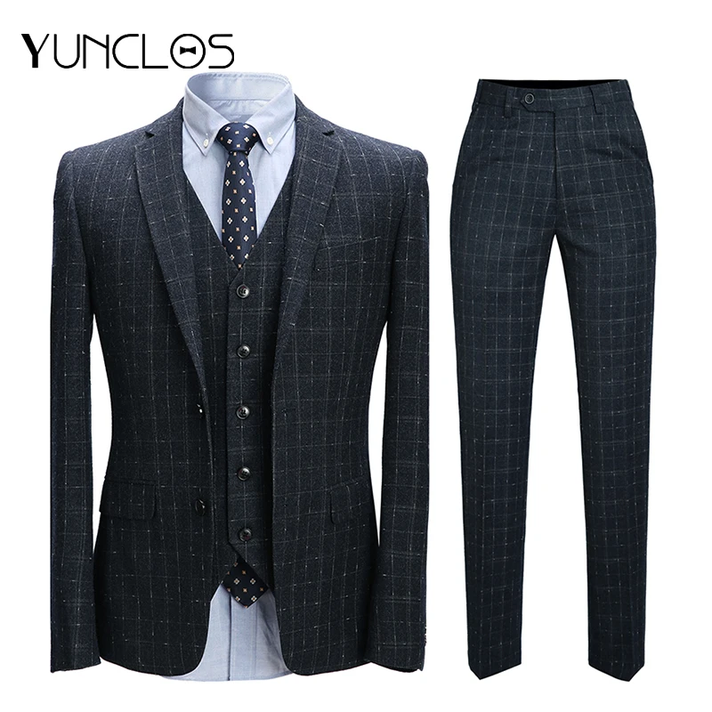

YUNCLOS 3 Pieces Plaid Men's Suits Single Breasted Business Suits Tuexdos Wedding Party Dress Casual Slim Men Suit Tuexdos