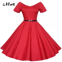 IHOT Women Summer Dress 2016 Elegant Casual Vintage Rockabilly 1950s Deep V Gown Skater Evening Gown