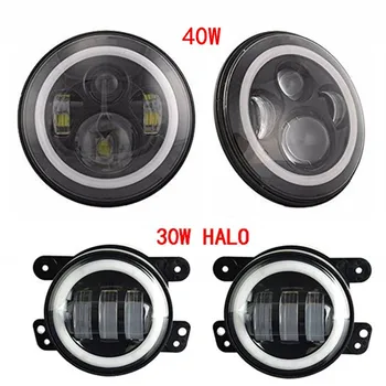 

7'' Round H4 Headlights White/Amber Halo Angel eyes + 4 Inch White halo fog lights for Jeep Wrangler CJ OffRoad Headlamp