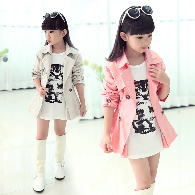 

Girls Spring Autumn Trench Coat Pink Ivory Double-breasted Coat Defined Waist Jacket Kids Princess Clothes Boutique Outerwear