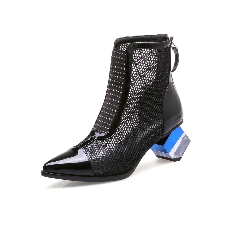 

2019 spring women's boots high quality fabric fashion design shoes pointed toe back zipper strange heel handmade women boots