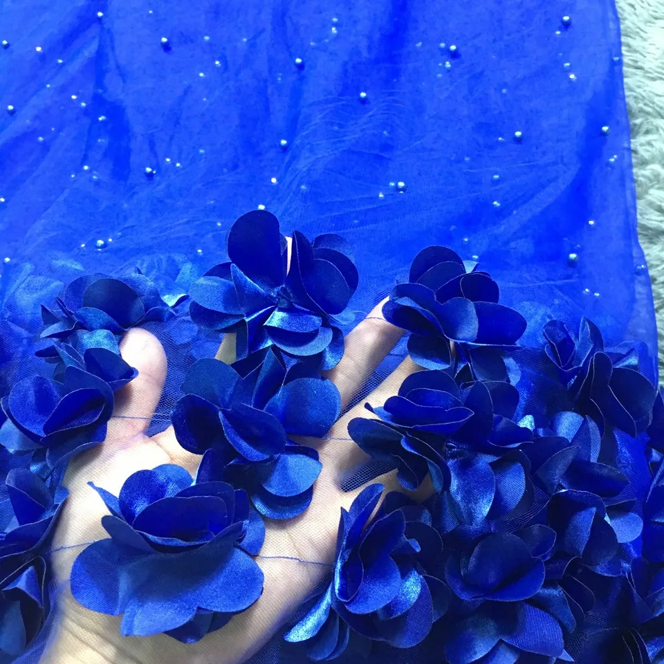 Синяя 3d кружевная ткань для свадебных платьев, новинка, 5 ярдов, африканская кружевная ткань высокого качества, французское Сетчатое кружево с 3d цветком SH10522