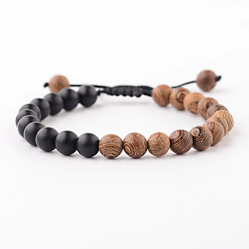 

Amader Charm Men Ethinc Natural Wood Beads Bracelets Handmade Yoga Black Stone Meditation Bracelet Women Prayer Jewelry ABK040