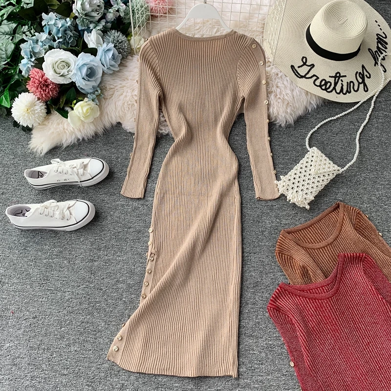 Gagarich Women Dress Autumn Winter New Elegant Korean Solid Color Split O-neck Long Sleeve Stretch Ladies Dresses Vestidos