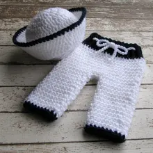 Для маленьких мальчиков белый Матросская шляпа с соответствующие белые штаны комплект для малышей, новорожденных крючком фотографии Опора хлопок