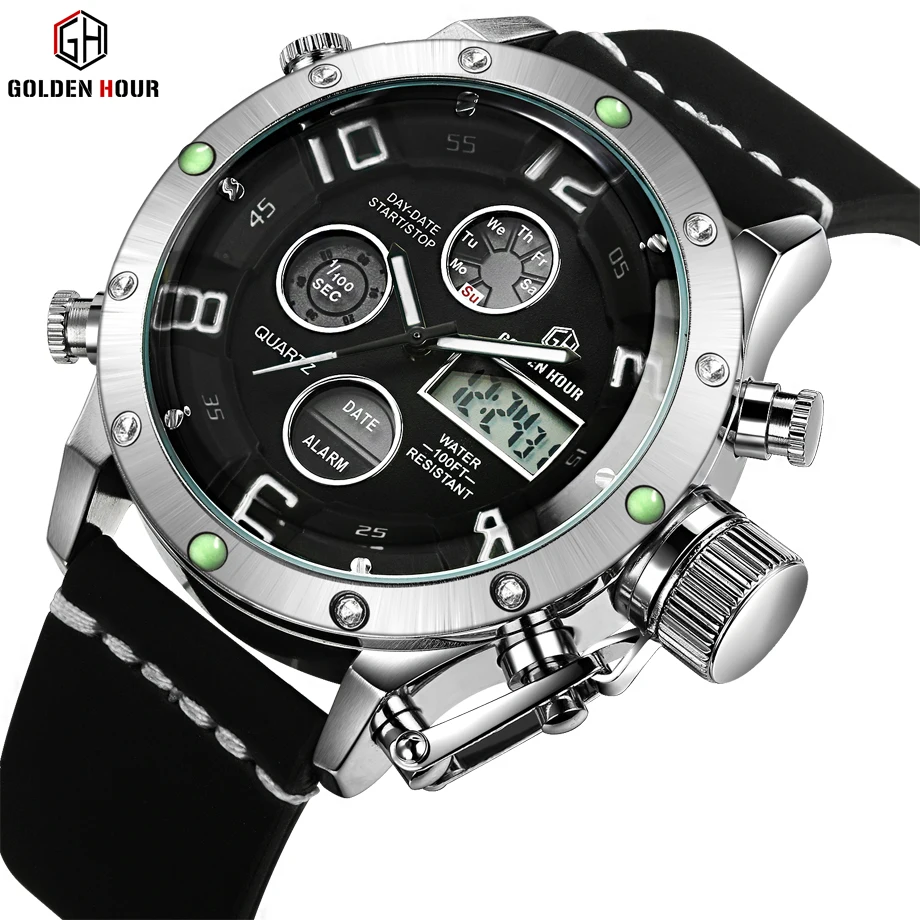 

GoldenHour Men Sports Watches Waterproof Military Quartz Digital Watch Alarm Stopwatch Dual Time Brand New relogios masculinos