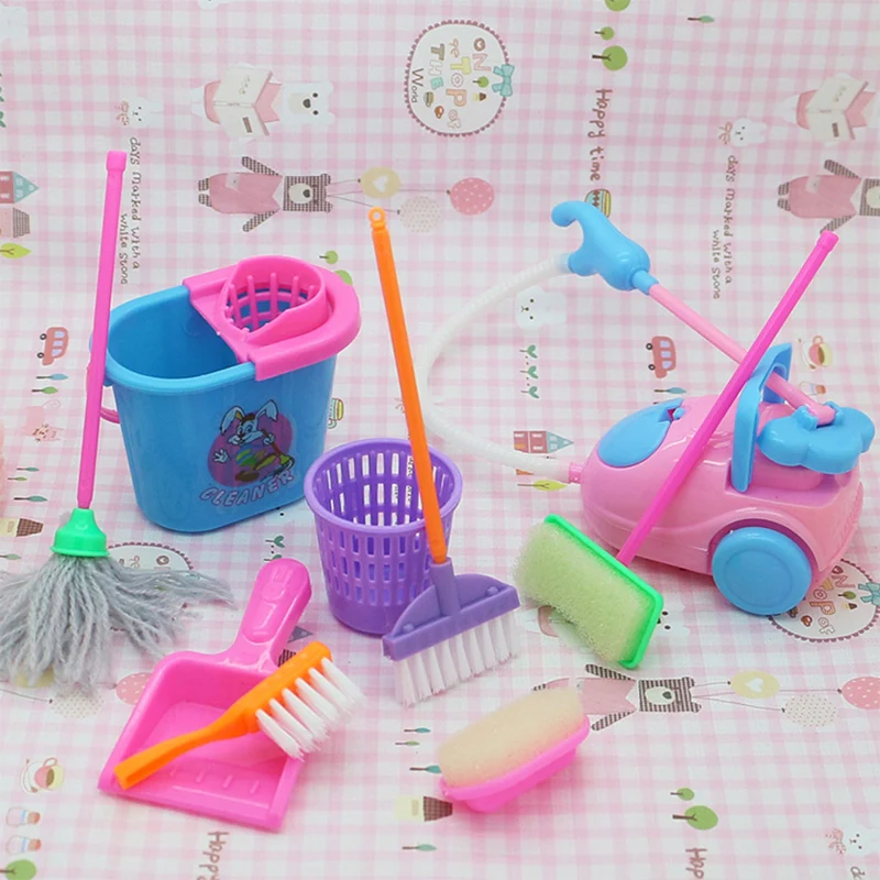 

New 2018 Children Clean Toys High-Grade Cleaning Kit for Girl Barbie Dolls Household Cleaning Tools For Barbie Dolls (1 Set=9pc)