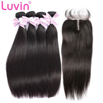 

Luvin Peruvian Virgin Straight Hair 4 Bundles With Closure 100% Unprocessed Human Hair Weave Bundles With Lace Top Closure