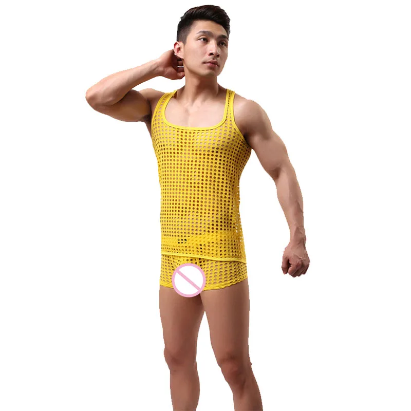 Мужская пижама из сеточки, наборы, мужское сексуальное нижнее белье, топы для сна, футболки, шорты, прозрачная Пижама, костюм - Цвет: Цвет: желтый