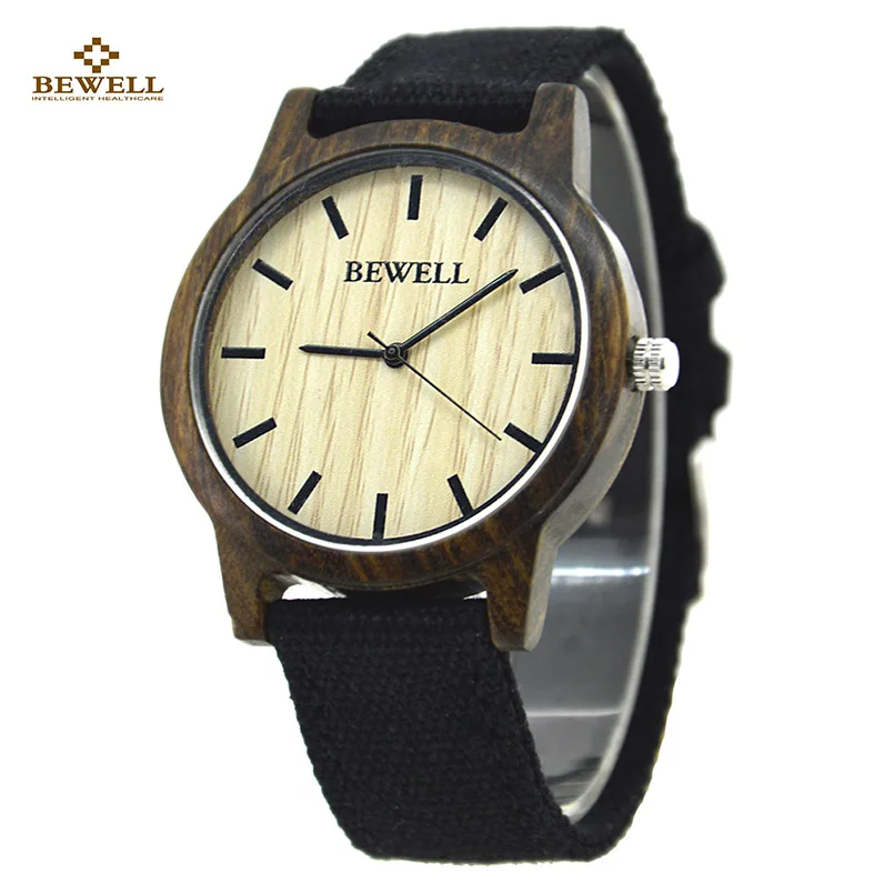 

BEWELL Luxury Brand Casual Wooden Quartz Wristwatch Simple Style for Men and Women With Round Case Canvas Strap Waterproof 134A