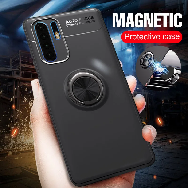 Роскошные Магнитная автомобиля бампер с кольцом чехол для huawei P30 Коврики 20 P20 Pro