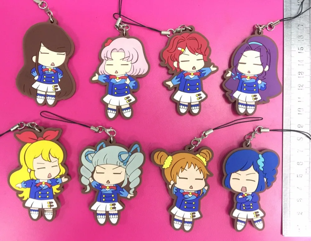 

8pcs/lot Aikatsu! Original Japanese anime figure rubber Silicone mobile phone charms/key chain/strap G995