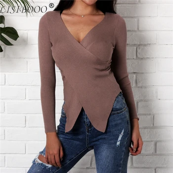 

LISIBOOO 2018 Women Sweaters Autumn Winter V Neck Criss Cross Irregular Hem Pullovers Women Fashion Tops Knitted Sweaters Female