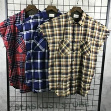 Qualität Sleeveless Gebürstet Flanellhemd Reißverschluss Seitenschlitzen Zerrissene Armausschnitt Plaid Tops Kostenloser Versand