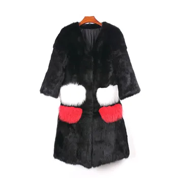 

Contrast color natural fox fur pockets whole skin real rabbit fur jackets women V neck fur coats outerwear 2018 autumn winter