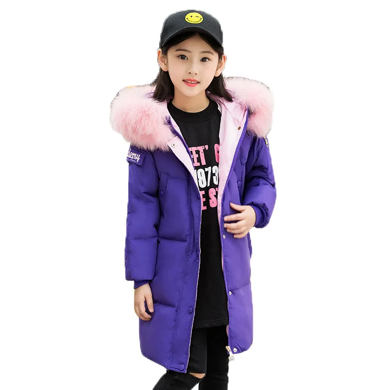 30 градусов детская верхняя одежда, стеганая куртка, пальто для девочек, Костюмы теплый пуховик для девочек одежда зимняя утепленная парка с капюшоном из настоящего меха - Цвет: Фиолетовый
