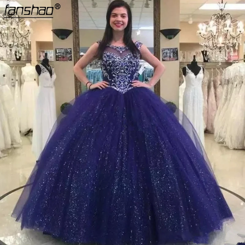 

Sparkly Royal Blue Ball Gown Quinceanera Dresses 2019 Jewel Floor Length Crystal Beads Sequined Prom Party Gowns For Sweet 15