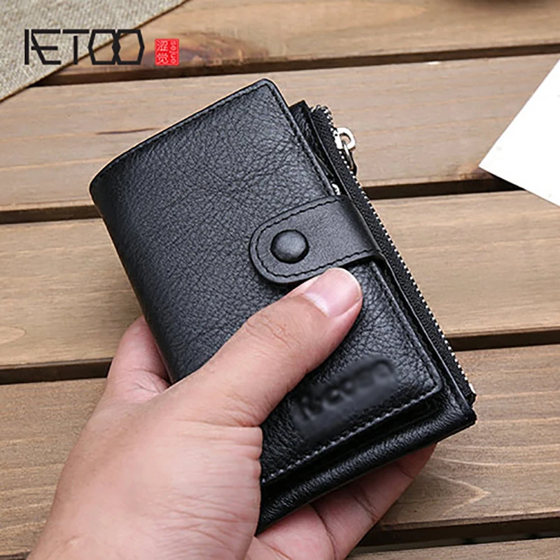 

AETOO Key pack men's and women's leather multifunctional bank card change bag head layer cowhide key pack black