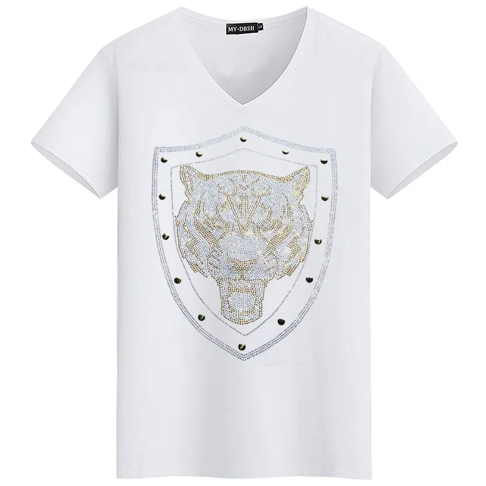 Мужская Дизайнерская футболка, Мужская черная футболка с коротким рукавом, мужские хлопковые футболки, летние стразы, разноцветные блестящие футболки с черепом - Цвет: T007-V-White