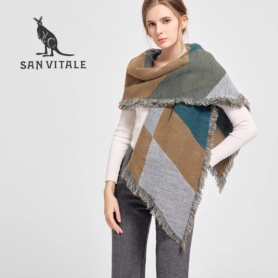 

SAN VITALE Women's Scarves Shawls Winter Warm Scarf Luxury Brand Soft Fashion Wraps Wool Cashmere Plaid Scarf Bandana for Gifts