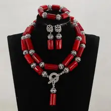 Очаровательная колонна ожерелье из красного коралла набор африканские бусины Коралловые украшения набор серебряные ювелирные изделия из сплава вечерние бусины CNR042