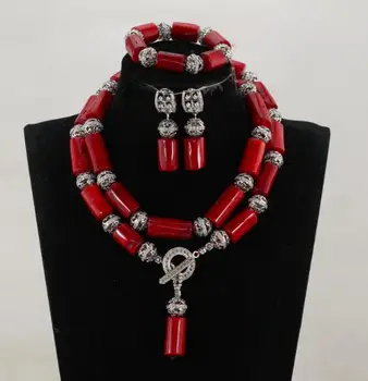 

Charming Column Red Coral Necklace Set African Beads Coral Jewelry Set Silver Alloy Party Jewelry Beads Free Shipping CNR042