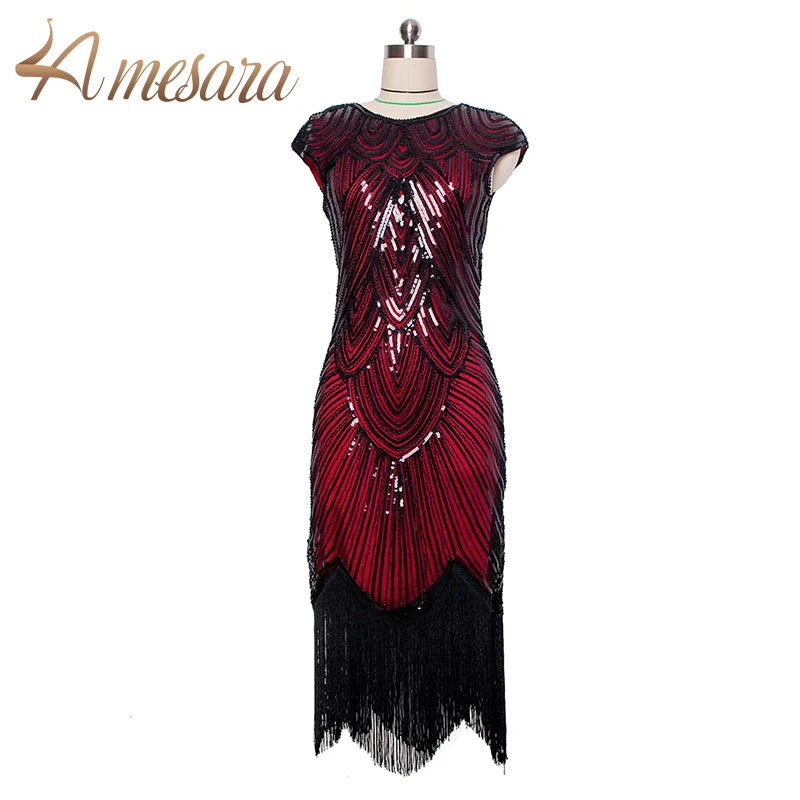 Women 1920s Fringed Great Gatsby Flapper Dress Retro Tassel Crochet Midi Party Dress--59002