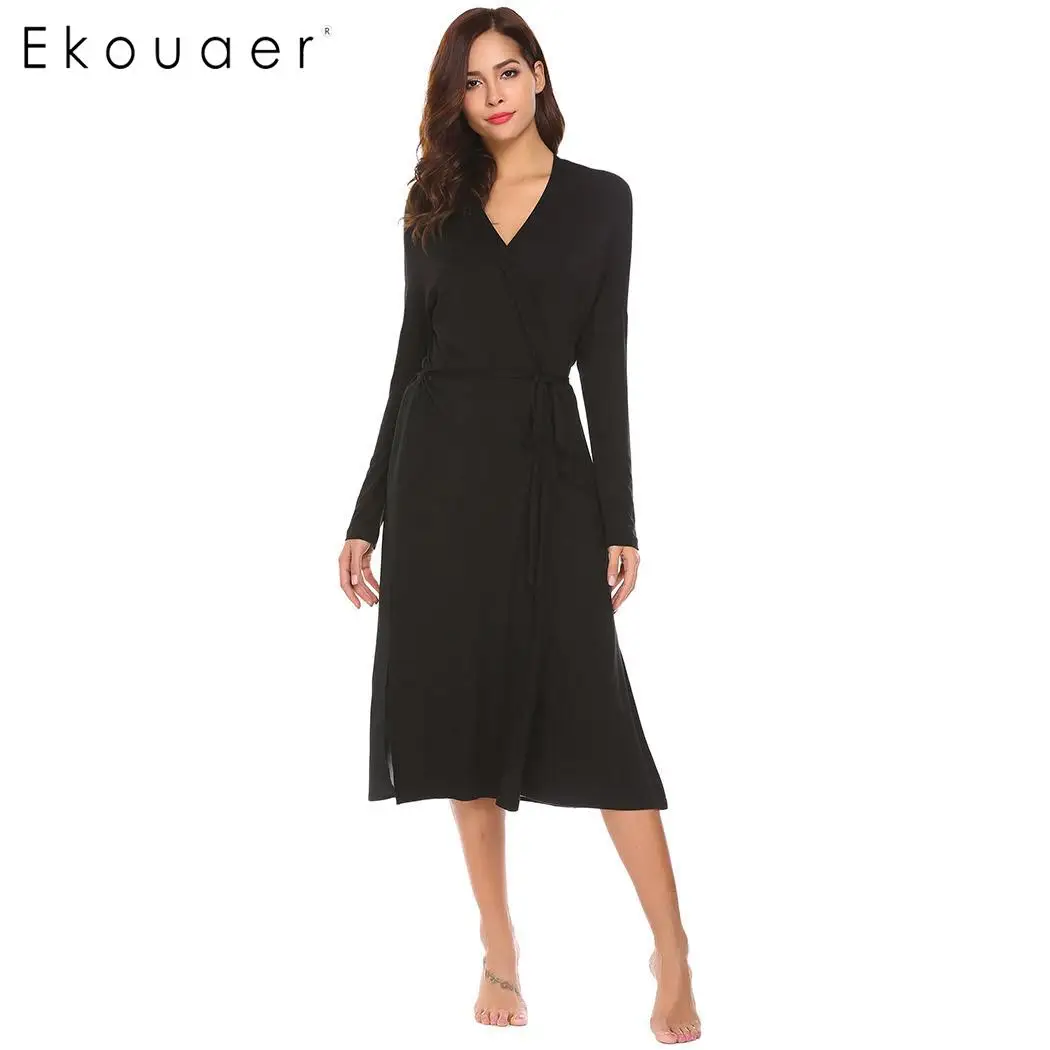 Ekouaer, женский халат, халат, однотонный, длинный рукав, сзади, двойной слой, пижама, до середины икры, кимоно, спа, халаты, женская ночная одежда - Цвет: Black