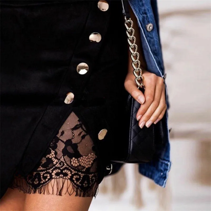 2018 Новая мода Для женщин Дамы Высокая Талия Юбки-карандаши Кнопка кружева сексуальный Bodycon Разделение вечерние Повседневное мини-юбка