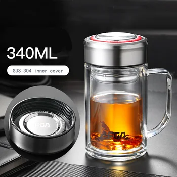 

Office Glass Water Bottle 340ml Double Wall Thicken Glass With Tea Infuser SUS304 Inner Cover Hand-made Glass With Handle Office