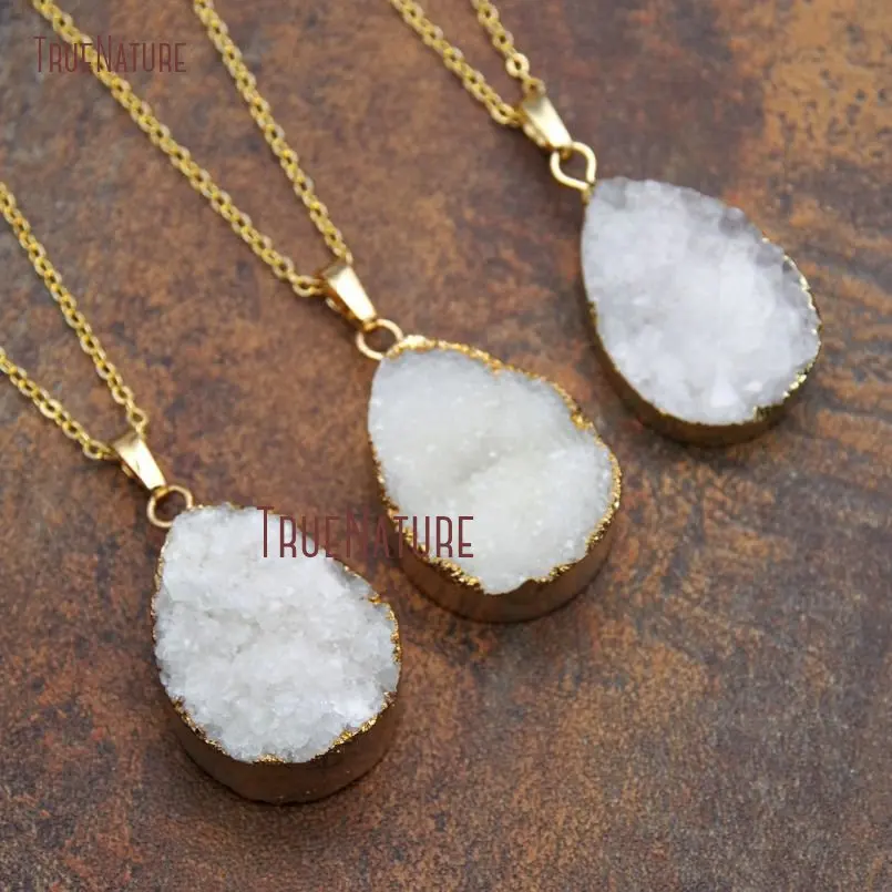 20180315-NM11200- Pure Gold Color Drop Shape Necklace Druzy Crystal Necklace_1