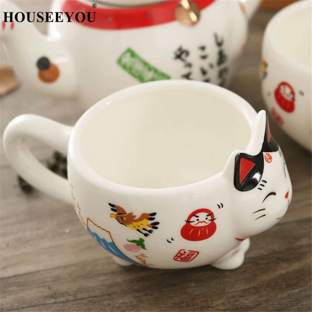 3Pcs/lot Plutus Cat Ceramic 1 Teapot 2 Mugs Cute Lucky Cat Cartoon Cups Teapots Coffee Milk Mug Sets Breakfast Afternoon Tea Pot